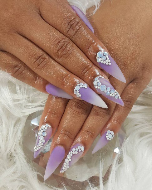 Lady With Elegant White And Purple Nail Body Art