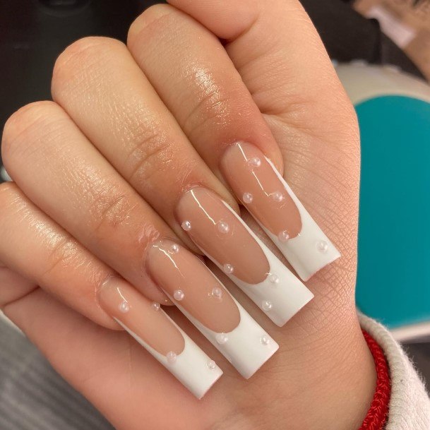 Lady With Elegant White French Nail Body Art