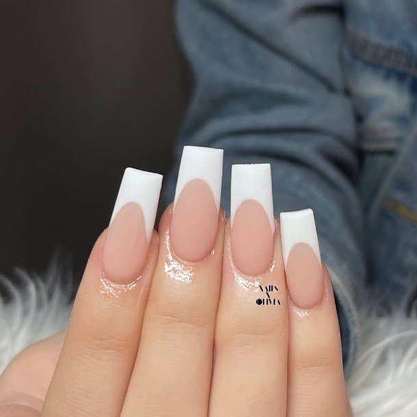 Lady With Elegant White French Tip Nail Body Art