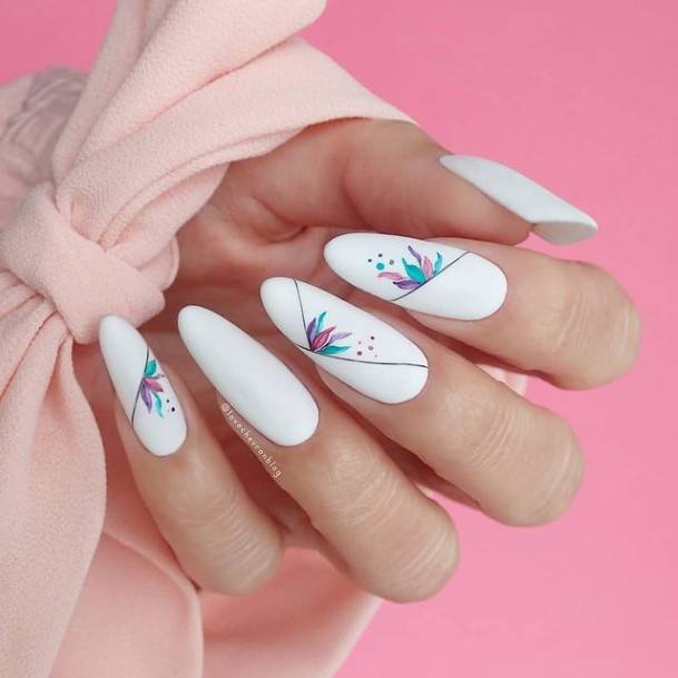 Lady With Elegant White With Flowers Nail Body Art