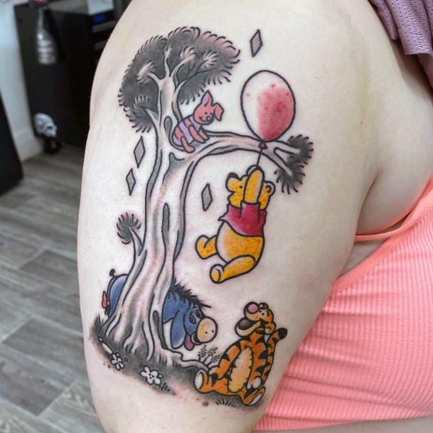 Lady With Elegant Winnie The Pooh Tattoo Body Art