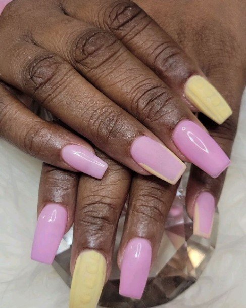 Lady With Elegant Yellow And Pink Nail Body Art