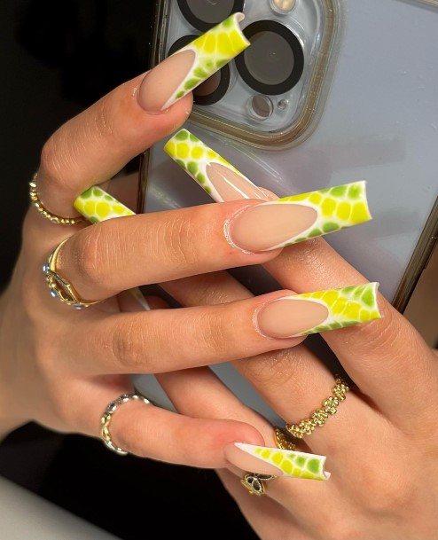 Lady With Elegant Yellow Square Nail Body Art