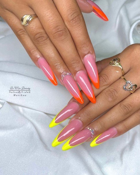 Lady With Elegant Yellow With Diamonds Nail Body Art