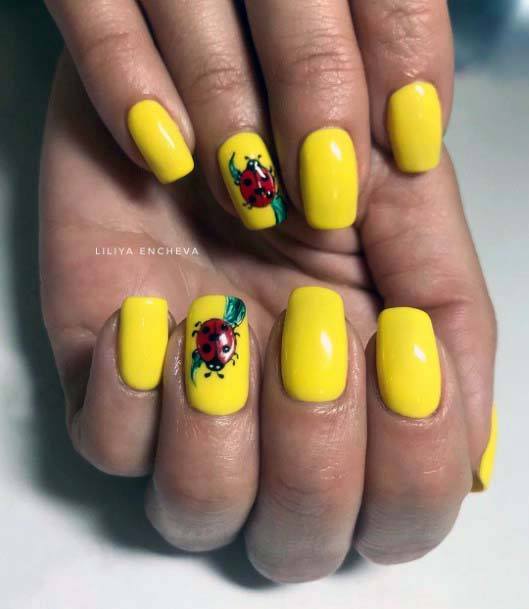 Ladybug On Bright Yellow Nails For Women