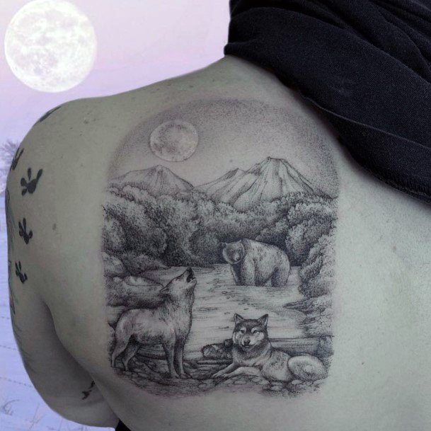 Landscape And Grey Bear Tattoo Womens Back