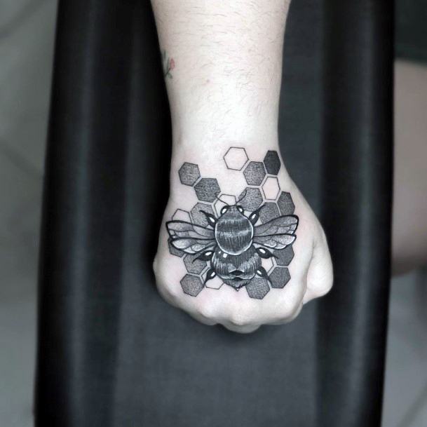 Large Bee Grey Tattoo For Women Hands