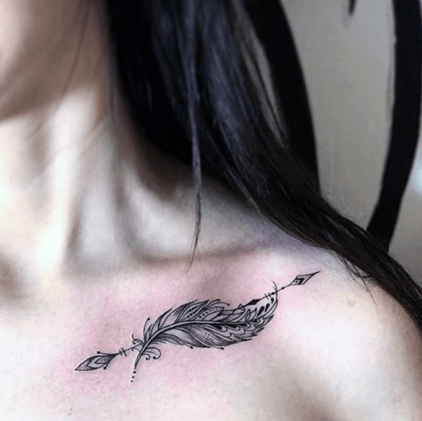 Large Black Feather Tattoo Women Shoulder Arrow