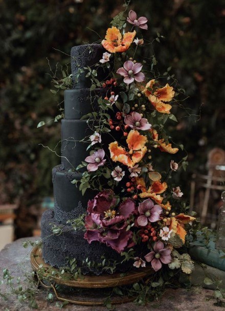 Large Black Wedding Cake With Flowers