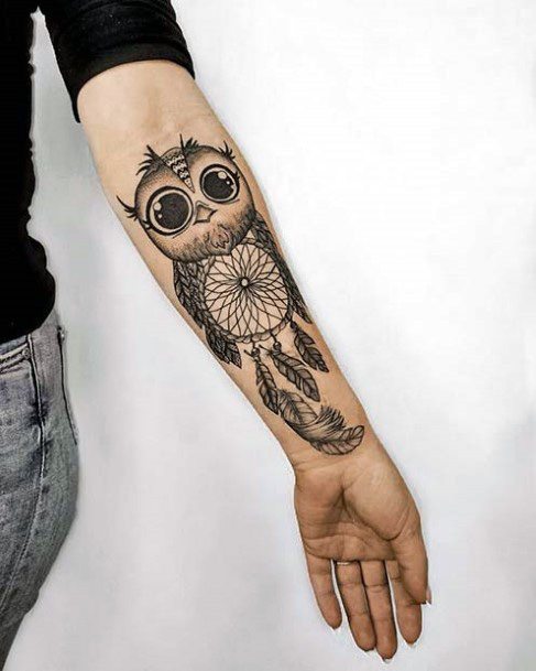 Large Eyed Owl Dream Catcher Tattoo Womens Arms