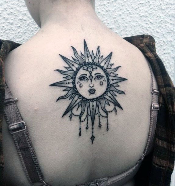 Large Eyed Sun Tattoo Womens Back