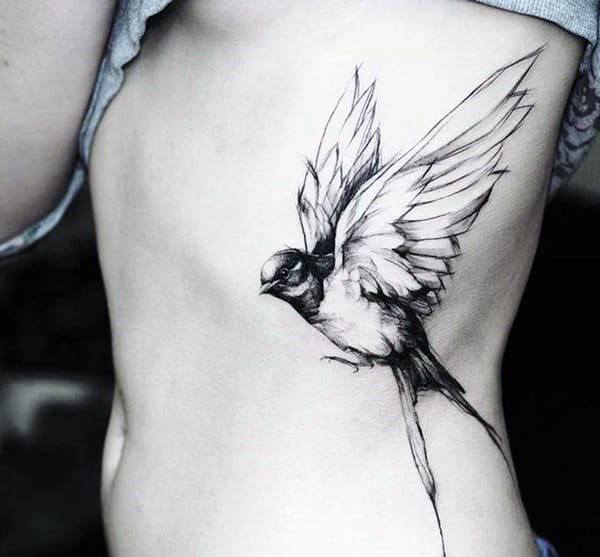 Large Feathered Black Bird Tattoo Womens Back