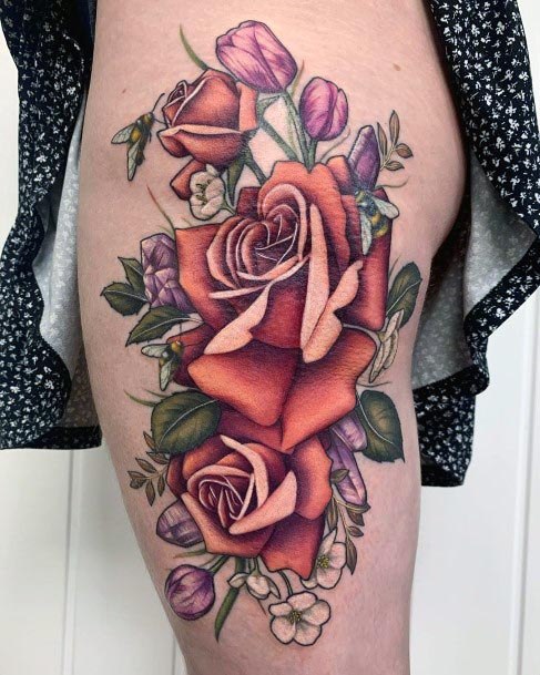 Large Petalled Womens Thighs Tattoo