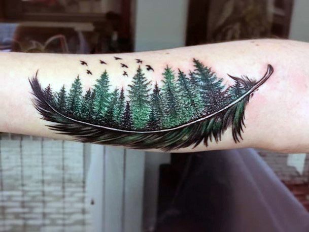 Large Pine Forest Feather Tattoo Women