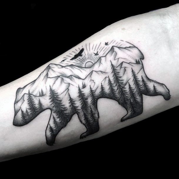 Large Pine Trees On Bear Tattoo For Women
