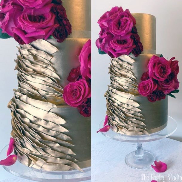 Large Pink Rose On Gold Wedding Cake