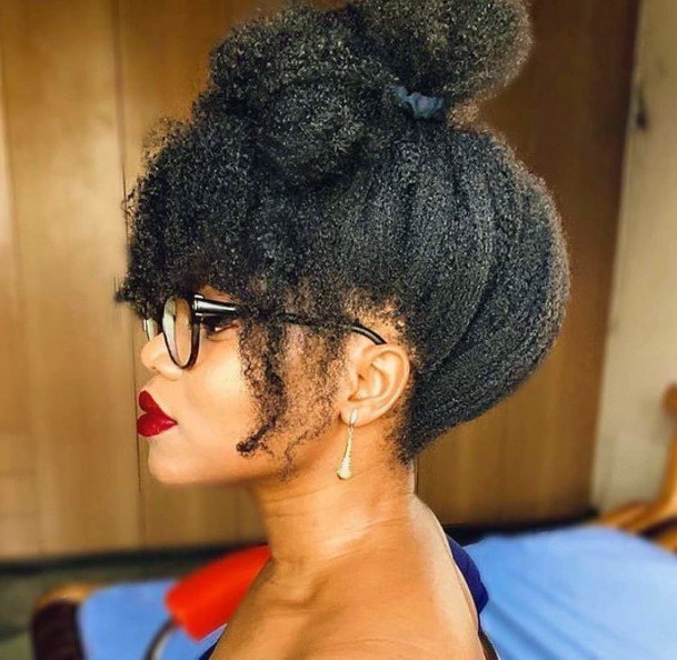 Large Top Bun With Bangs Hairstyles For Black Women