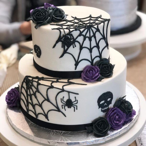 Large Webbed Spider And Purple Halloween Wedding Cakes