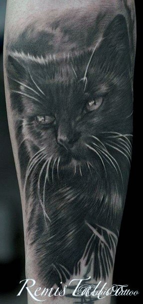 Large Whiskered Black Cat Tattoo For Women