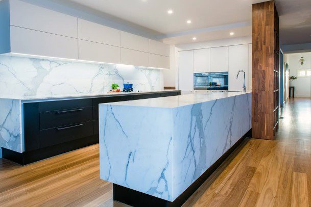 Large White Marble Slabs Backsplash And Waterfall Kitchen Countertop Ideas