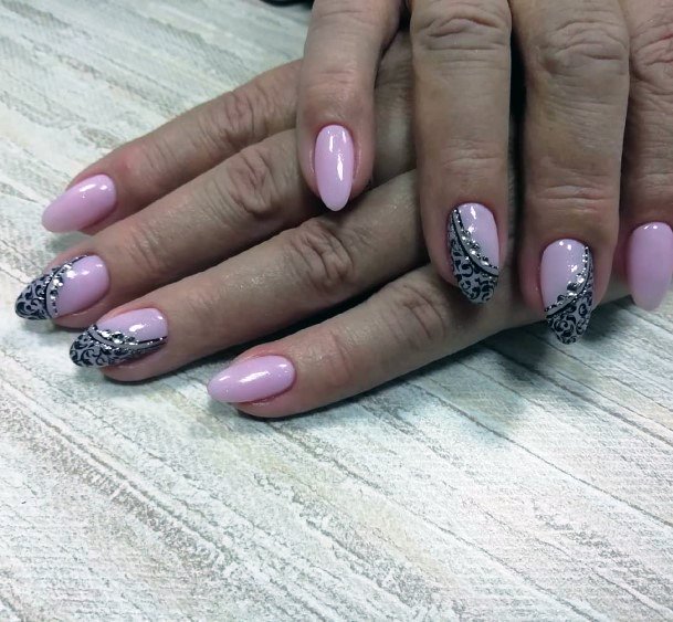 Lavendar Nail With Black Patterns And Rhinestone