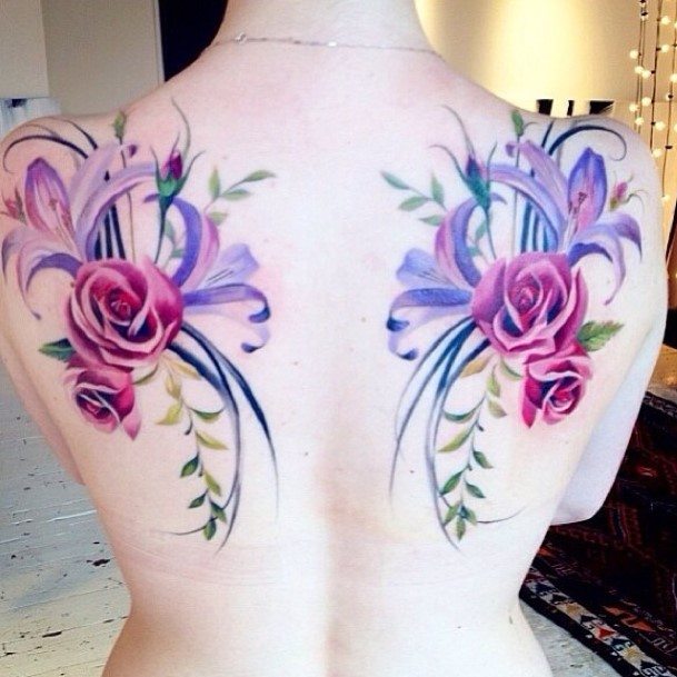 Lavendar Pink Floral Tattoo Womens Back