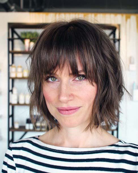 Layered Easy Flow Bob On Chocolate Colored Hair With Bangs