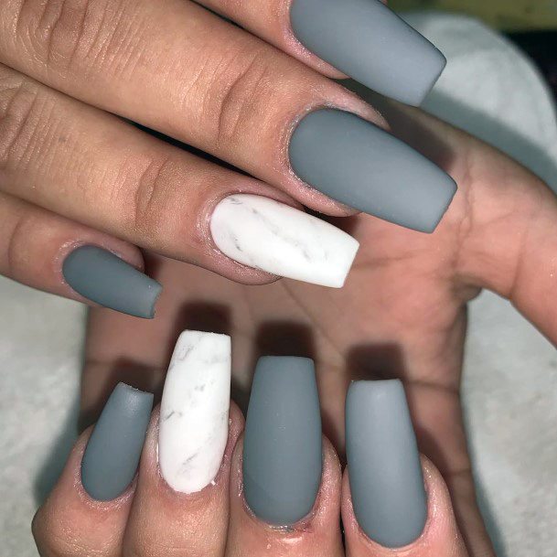 Leaden Grey And White Block Painted Nails Women