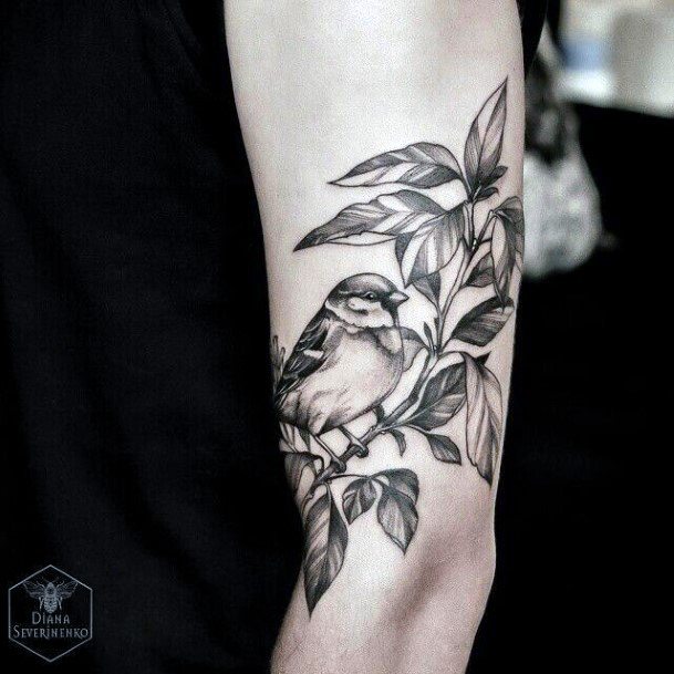 Leafy Branch And Bird Tattoo Womens Arms