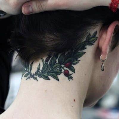 Leafy Cherry Blossom Neck Tattoo For Women