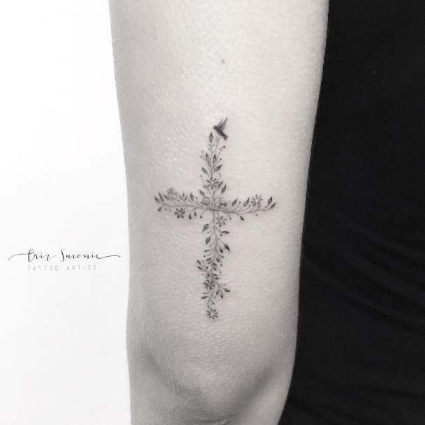 Leafy Creeper Cross Tattoo Womens Arms
