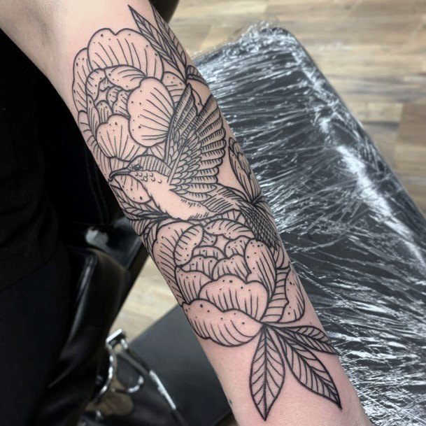 Leafy Flowers And Hummingbird Black Tattoo Women