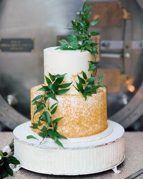 Leafy Golden White Wedding Cake