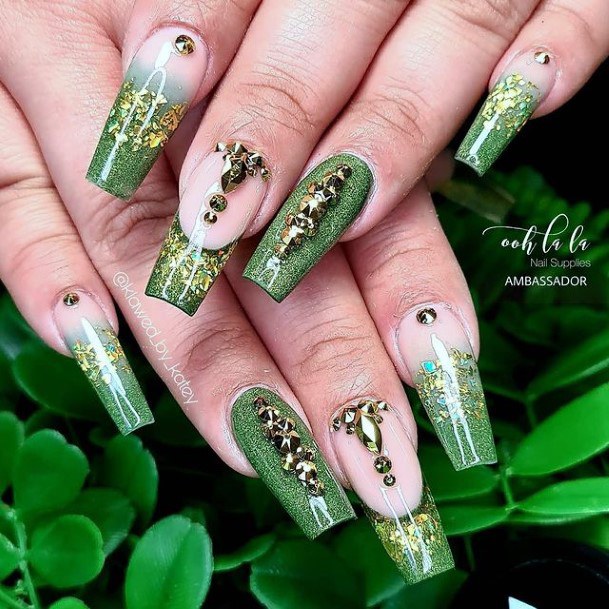 Leafy Green Nails With Crystals And Gold Women