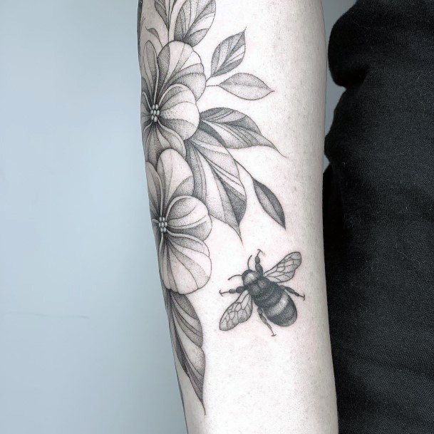 Leafy Grey Blossom And Bee Tattoo For Women