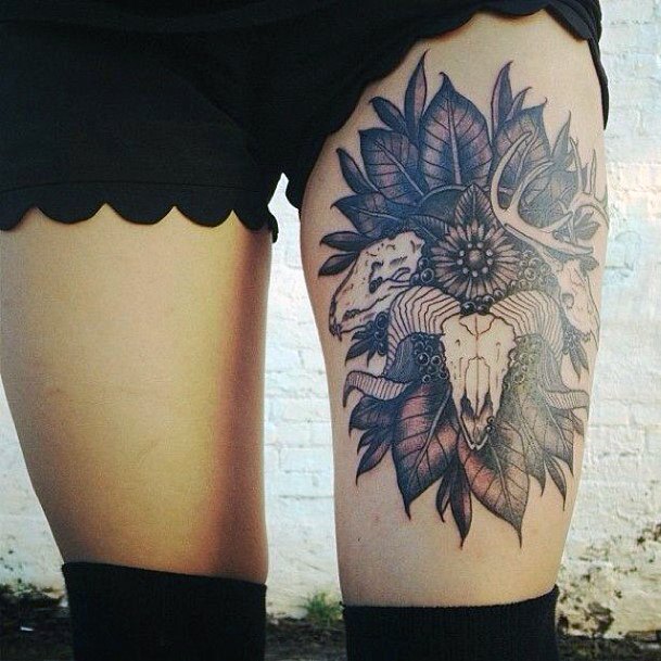 Leafy Horned Animal Head Tattoo Womens Thighs