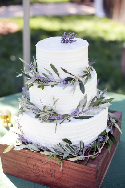 Leafy Lavender Flowers On Wedding Cake White Art