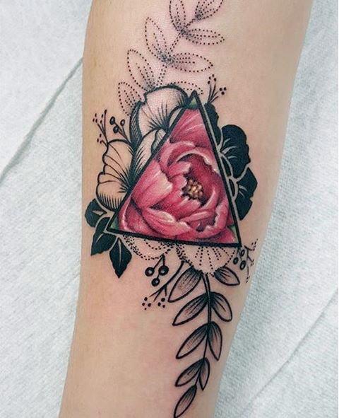 Leafy Pink Rose And Geometric Frame Tattoo Women Art