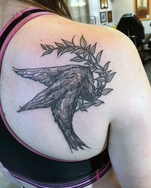 Leafy Stalk And Dove Tattoo Womens Back