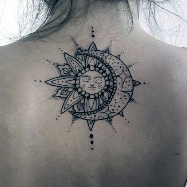 Leafy Sun And Moon Art Tattoo Women Back