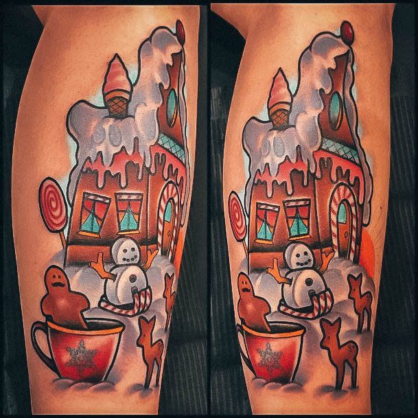 Leg Snowman Christmas Tattoos For Women Gingerbread House