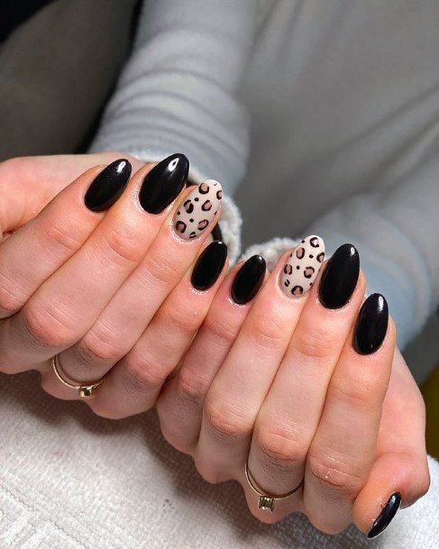 Leopard Accent Black Nails Women