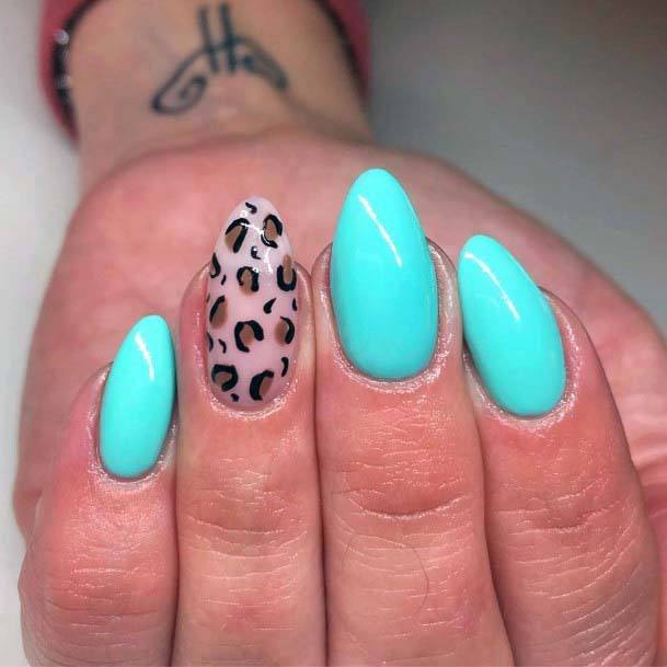 Leopard Accent Bright Blue Nails For Women