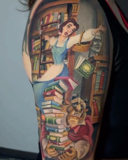 Library Scene Singing Belle Shoulder Beauty And The Beast Womens Tattoos Ideas