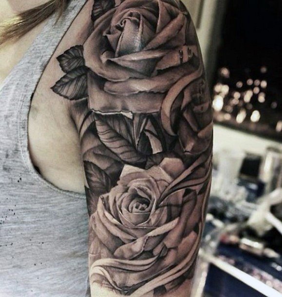 Life Like Roses Grey Tattoo Womens Half Sleeve