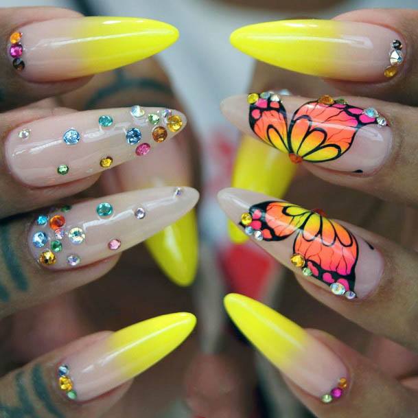 Life Size Butterfly On Neon Yellow Nails With Stones For Women