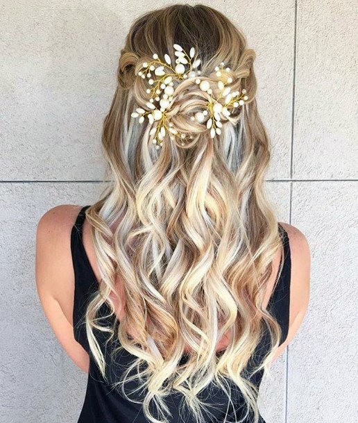 Light Blonde Beautiful Hairstyle Large Waves With Half Pullback Into Headpiece