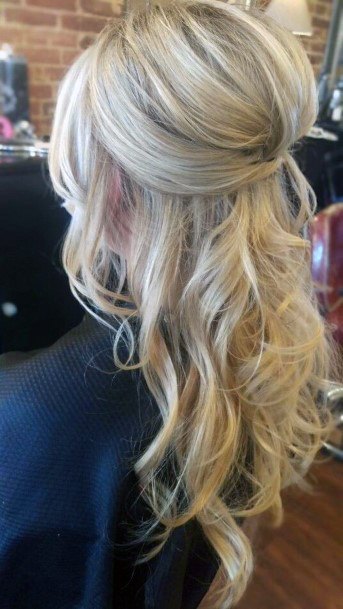 Light Blonde Curls Bouffantwith Half Pull Back And Long Tendrils