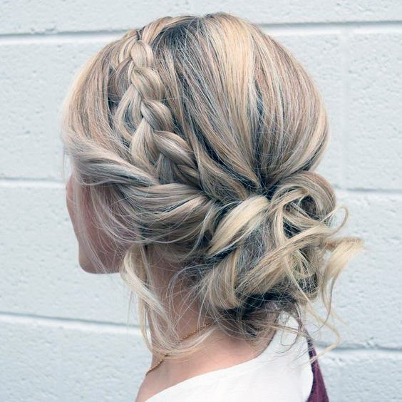Light Blonde Hair Thick Side Braid Into Low Messy Hair Knot Bun