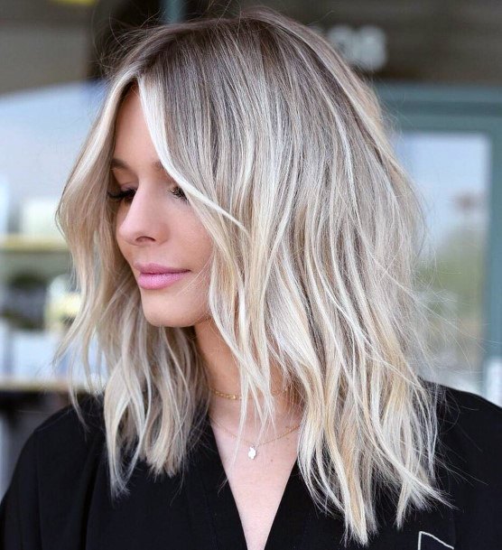 Light Blonde Layered Long Cut On Female With Center Part